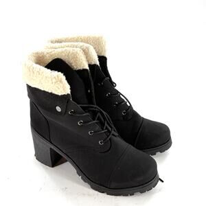 Weeboo Heeled Combat Boots 8 Black Faux Sherpa Lace Up Ankle Booties WhimsiGoth